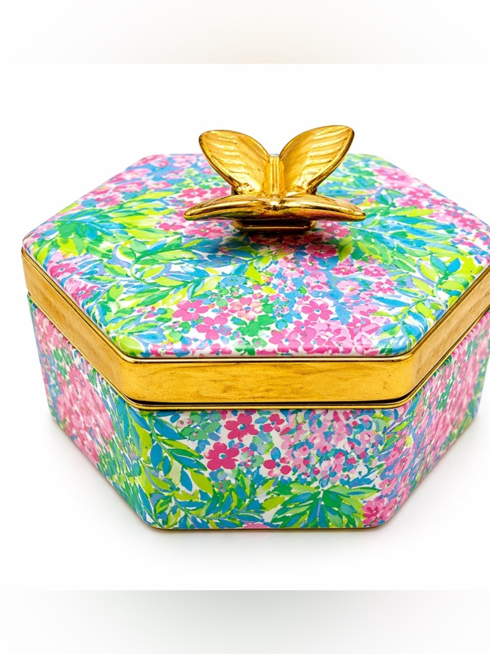 SOLD Lilly Pulitzer Trinket Box Gold Butterfly Lid Floral Jewelry Box
